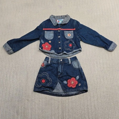 Vtg No Kidding Denim Jacket Skirt Set Girls 3T Blue Embroidered 2 Piece Outfit