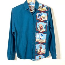 Vtg 90s Looney Tunes Karman Western Button Up Shirt Teal Bugs Bunny Daffy Duck