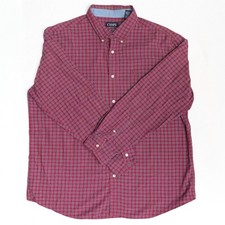 Chaps Easy Car Mens 2XL Button Up Dress Shirt Red Blue Plaid Wrinkle Resistant