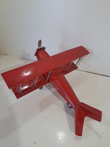 Large Wooden Model Propeller Bi Plane Airplane Red & Silver - Picture 4 of 8