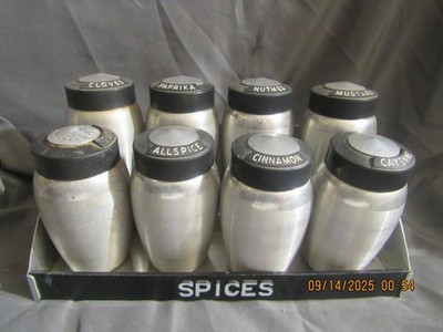 Vintage Kromex aluminum 8 piece spice tins with stand