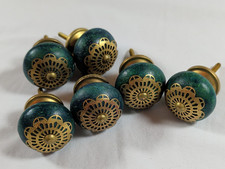 Lot of 6 Vintage Drawer Pulls/Cabinet Knobs Heavy Ceramic and Brass. 2.2 oz