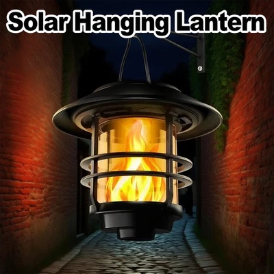 Solar Hanging Flickering Flames LED Lantern Outdoor Lights Fence Wall Backyard - Image 1 of 4