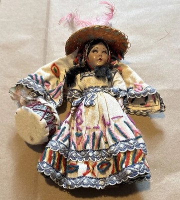 Vintage 60s Latin American  Woman Doll  Sleepy Eyes Souvenir with Drum