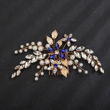 Blue Crystal Rhinestone Flower Pearls Hair Comb Gold Leaf Hair Piece for and ...
