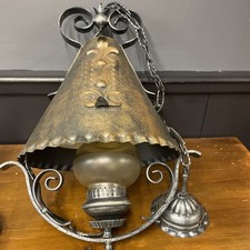 Vintage Metal & Glass Porch Tavern Light Lamp Lantern Lighting Pendant Iron