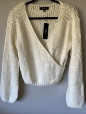 Lulus Cream Fuzzy Faux Wrap Sweater Size Medium Soft Chunky Knit Winter Ski