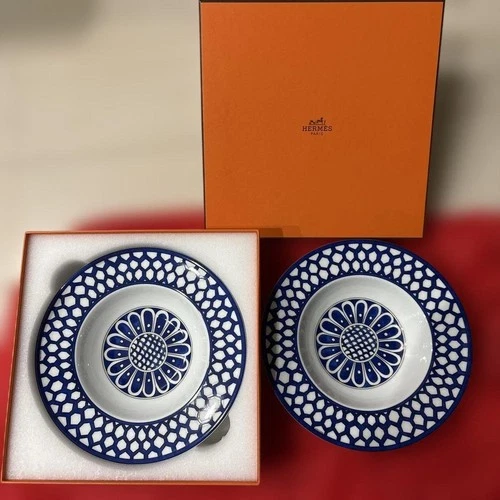 HERMES Bleus d'Ailleurs Soup Plate Tableware Dinner Dish 2 set Auth New Box 21cm