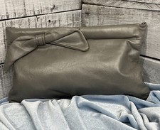 Vintage Grey Clutch Purse Hand Bag Tote Dramatic Ribbon Snap Closure
