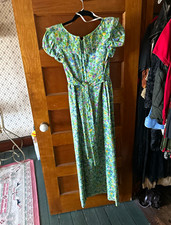 Women’s Green Blue Yellow Floral Puff Sleeve Square Neck Midi Dress Tie Belt S