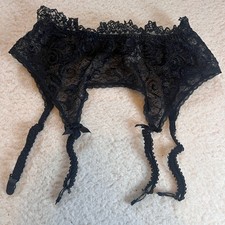 Vintage Victoria  s Secret GOLD Label Black Silky Lace Garter Belt OS
