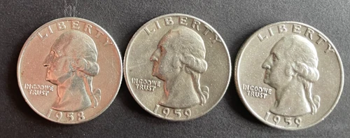1958-D, 1959p, 1959-d 25C Washington Quarter 90% silver vf,au