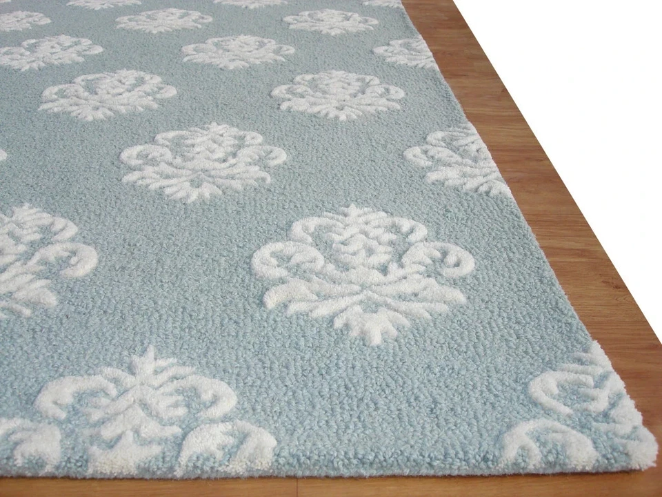 Alfombra Alfombra Damasco Azul Blanco Moderna Lazo Hecha a Mano 100% Lana. Foto 4 de 4