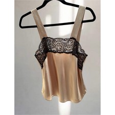 Vintage Champagne Satin Camisole with Black Lace Trim