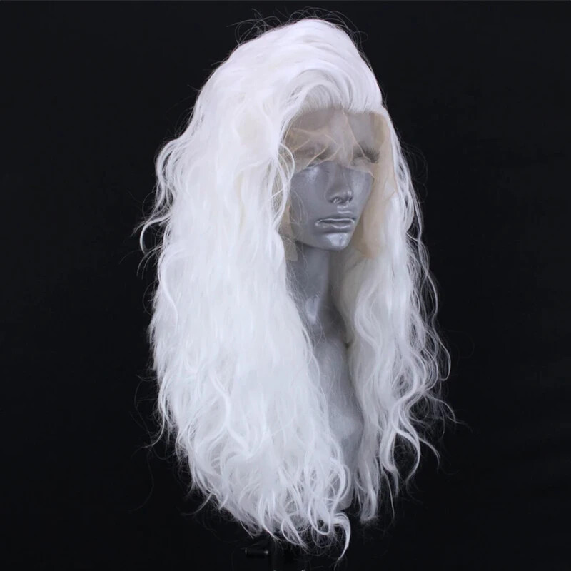 Pure White Lace Front Wigs Glue less Long Wavy Heat Resistant Hair