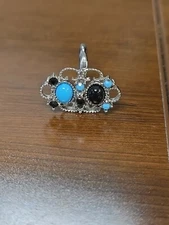 Vintage Emmons Faux Turquoise Black Blue Rhinestone Ring Adjustable Size 