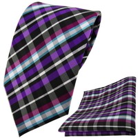Tigertie Krawatte + Einstecktuch Lila Magenta TüRkis Schwarz Silber Kariert