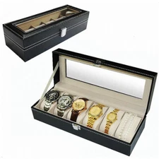 6 Slot Leather Watch Box Display Case Organizer Glass Jewelry Storage Black Men