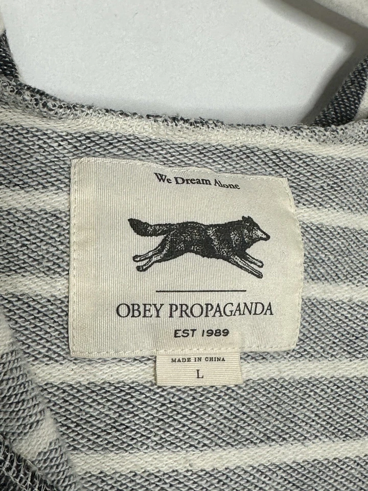 OBEY Women's Hoodie Grey & White Striped Pullover Cotton Size L - Image 4 of 4