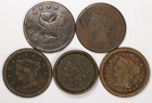 Lot of 5 - 1826, 1854, Spooned Edge Braided Hair Coronet Head Large Cents 1C