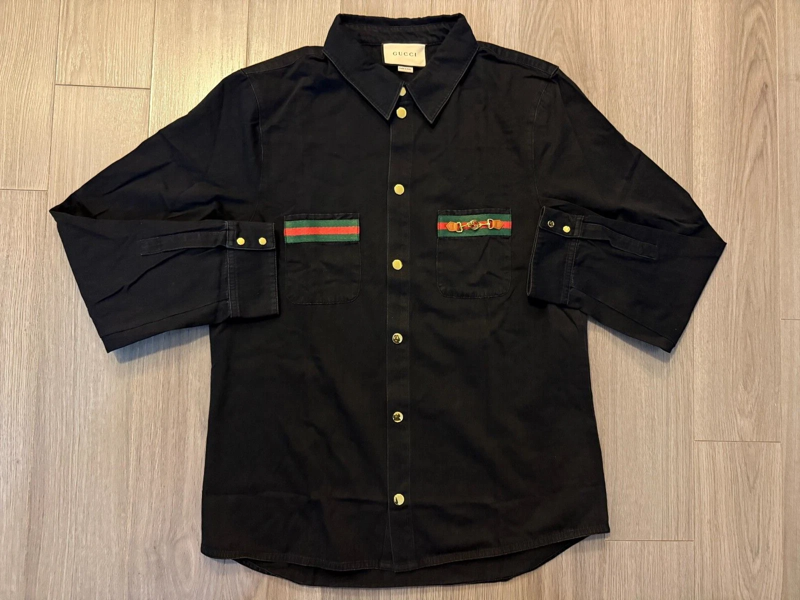 Chemise Gucci Web Detail en jean délavé noir taille 48 M