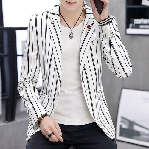 Fashion Mens Black White Striped Lapel Collar Top Blazer Jacket Casual Coat - Picture 9 of 27
