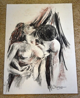 Original Charcoal drawing SENSUOUS Lovers Man Kissing Woman's  Neck 18''x24'' 1993