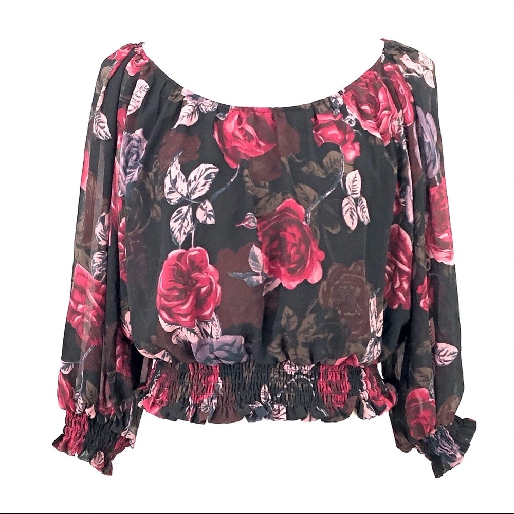 Guess Black Floral Print Long Sleeve Blouse Top sz S