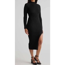 Quince Black Eco Knit Ribbed Mock Neck Sweater Dress Stretch Midi Small NWT S 