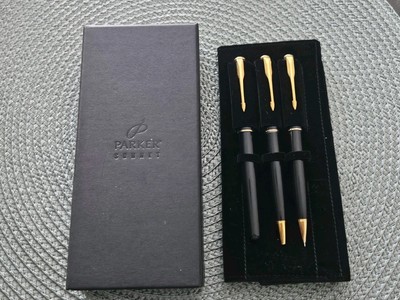 3er-Set Parker SONNET Laque Schwarz Glanzlack Goldfeder Kugelschreiber Füllfeder