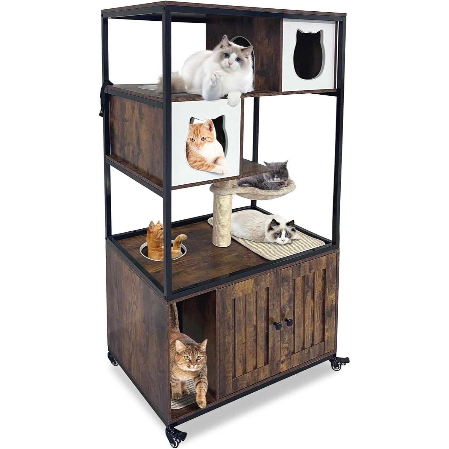 Wooden Cat House with Hidden Litter Box, 2-in-1 Cat Tower on Wheels w Platforms
