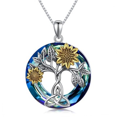 Sunflower Necklace 925 Sterling Silver with Crystal Sunflower Necklace Tree o...