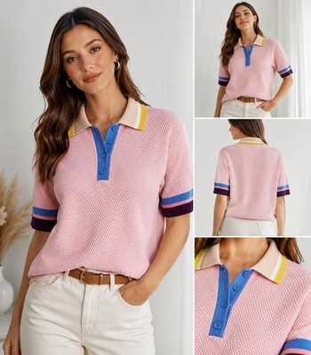 IPEKYOL Damen Strickshirt Polo Pullover Rosa 100% Baumwolle Gr.40 Neu m. Etikett