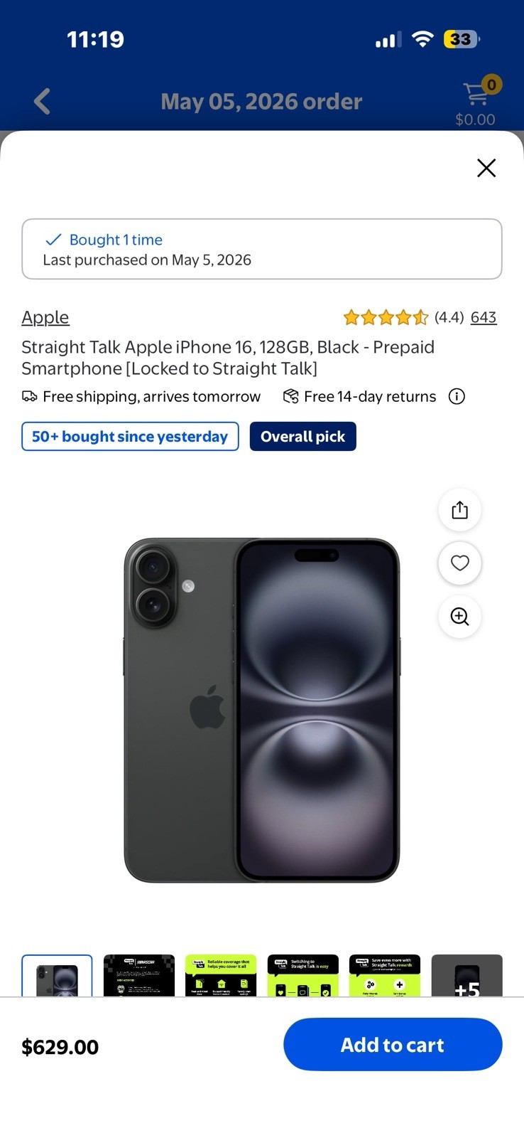 Apple iPhone 16 128 GB Black (Straight Talk) New Just Bought