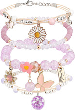 4PCS Beaded Charm Bracelets for Teen Girls Adjustable Birthday Gift  Crystal/Pe