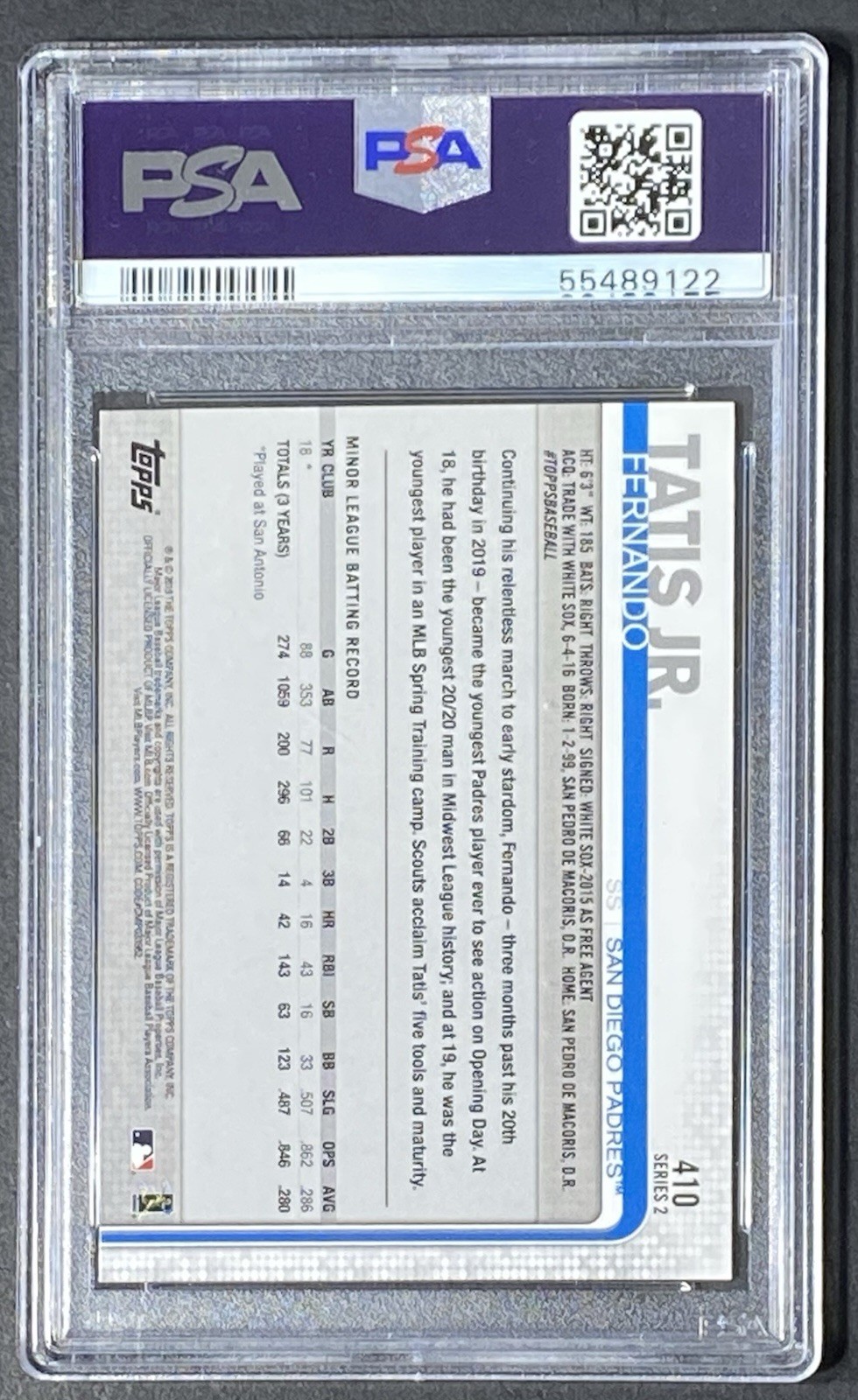 2019 Topps #410 Fernando Tatis Jr. PSA 9 ROOKIE RC view 2