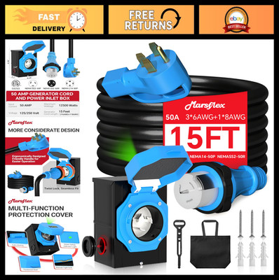 15FT 50 Amp Generator Cord & Power Inlet Box Kit, NEMA 14-50P, Weatherproof, 125