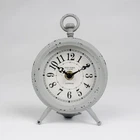 Grey Metal Mantel Analogue Clock Rustic Shabby Chic Ring Handle Table Time Piece