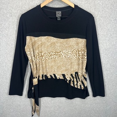Clara Sunwoo Top Women S Black Animal Print Mixed Media Side Tie Long Sleeve EUC
