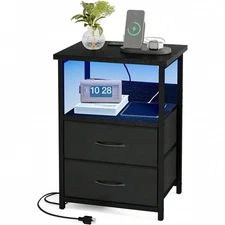 Side Table with Charging Station, LED Nightstand, USB Outlets, 2 Drawers, Black