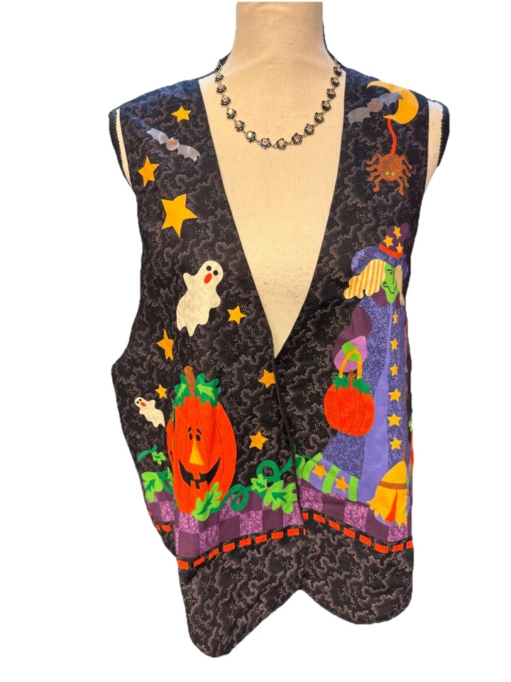 Vintage Handmade Halloween Vest Open Front- Spooky Ghosts Witch Haunted L-2X Sz - Image 4 of 4
