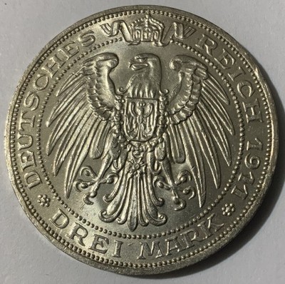 1911 A German State Prussia 3 Mark LOW MINTAGE 400.000