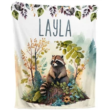 Racoon Blanket - Personalized Woodland Forest Fleece Throw Custom Kids Baby Gift