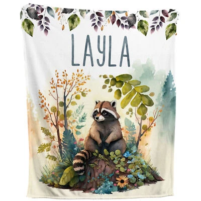 EMILY MAE CREATIONS Racoon Blanket - Personalized Woodland Forest Fleece Throw Custom Kids Baby Gift
