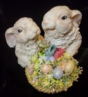 Easter Decor Figurine With 2 Bunnies Basket Of Florals Pearlized Eggs
