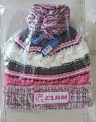 Clam Pink/White/Gray Ice Fishing Knit Pom Hat - Fleeced Lined Free Shipping 