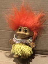 Russ 4" Hawaiian Hula Dancer Girl Troll Orange Hair Yellow Grass Skirt Vintage