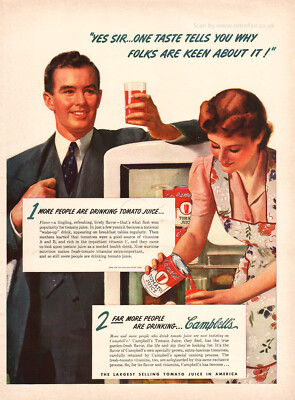 1942 Campbell's Tomatensaft Original ganze Seite Vintage Zeitschrift Anzeige