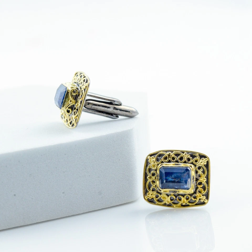 Gemelos de piedras preciosas de cianita accesorio para hombre joyería enchapada en oro de plata de ley 925 Foto 3 de 4