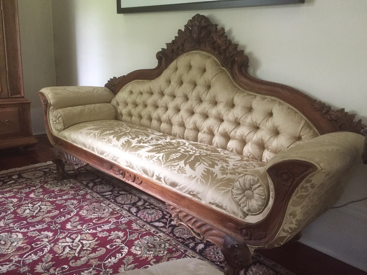 Gorgeous Rare Antique Victorian Carved Wood Tufted Sofa 90